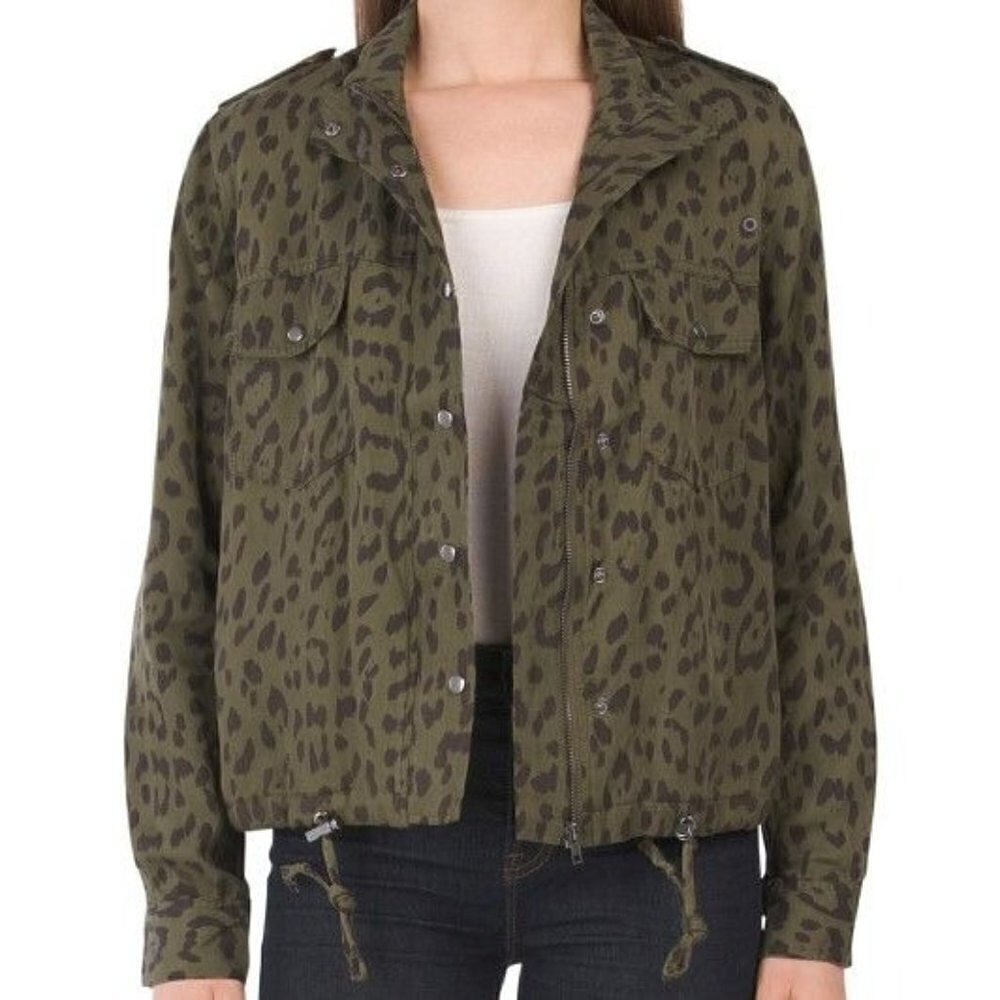 Leopard Print Spring Fall Snap Button Zip up Jacket Olive Green Women Size XS